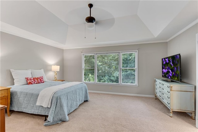 bedroom with light carpet, baseboards, a raised ceiling, lofted ceiling, and crown molding