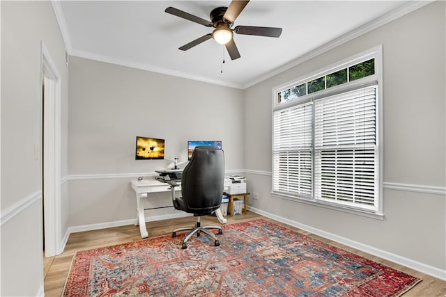 office featuring a healthy amount of sunlight, light wood-type flooring, baseboards, and crown molding