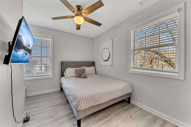 bedroom with ceiling fan and light hardwood / wood-style floors