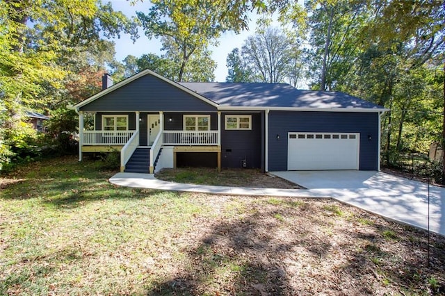 ranch-style home with an attached garage, driveway, a front lawn, and a porch