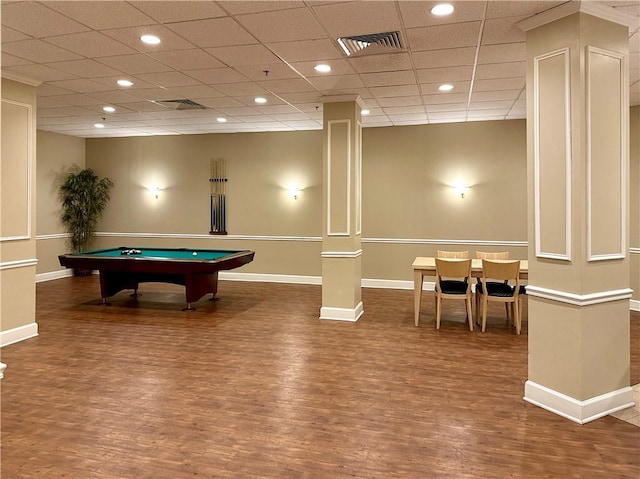 recreation room featuring wood-type flooring, a drop ceiling, and billiards