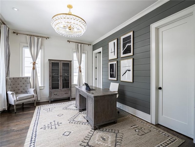 office featuring crown molding, hardwood / wood-style floors, and a chandelier