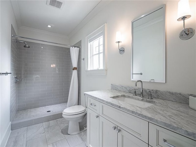 bathroom with crown molding, toilet, tile patterned floors, walk in shower, and vanity