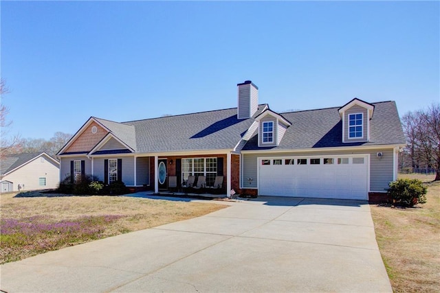 view of front facade with roof with shingles, covered porch, an attached garage, a front yard, and driveway