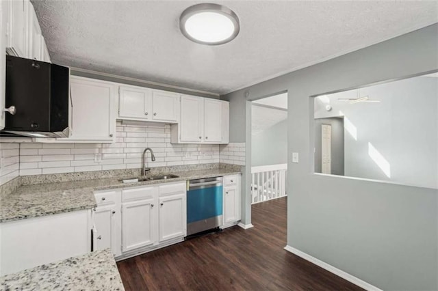 kitchen featuring sink, dark wood-type flooring, dishwasher, white cabinetry, and decorative backsplash