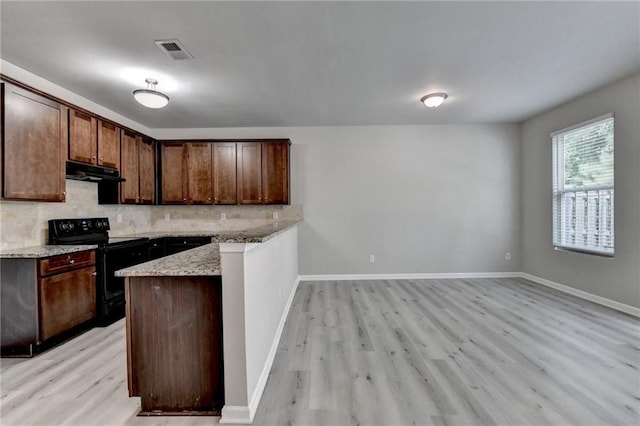 kitchen featuring backsplash, black electric range oven, light wood-type flooring, and range hood