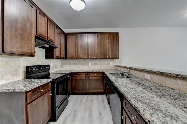 kitchen with light hardwood / wood-style flooring, black electric range oven, dishwasher, tasteful backsplash, and sink