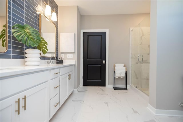371 Grant Cir Unit 1812, Atlanta, GA 30315 - bathroom with double vanity, marble finish flooring, and a stall shower