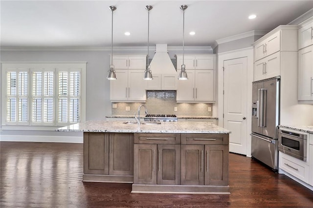 kitchen with white cabinetry, dark hardwood / wood-style floors, pendant lighting, and stainless steel appliances