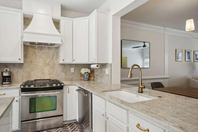 346 Ardmore Ct, Atlanta, GA 30309 - kitchen featuring ornamental molding, a sink, premium range hood, brick floor, and appliances with stainless steel finishes