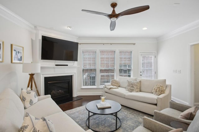 346 Ardmore Ct, Atlanta, GA 30309 - living room featuring baseboards, a ceiling fan, wood finished floors, and crown molding