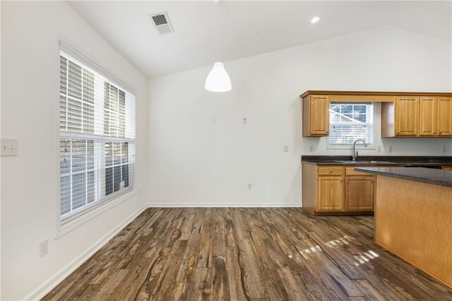 kitchen featuring dark wood-type flooring, decorative light fixtures, lofted ceiling, and sink