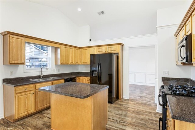 kitchen with sink, light hardwood / wood-style flooring, a kitchen island, and black appliances