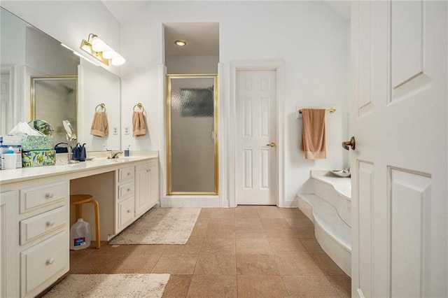 80 Stratford Pl NE, Atlanta, GA 30342 - full bathroom featuring a stall shower, vanity, a bath, and vaulted ceiling