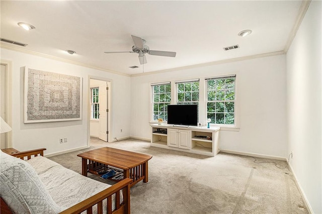 80 Stratford Pl NE, Atlanta, GA 30342 - living room featuring crown molding, light colored carpet, and a ceiling fan