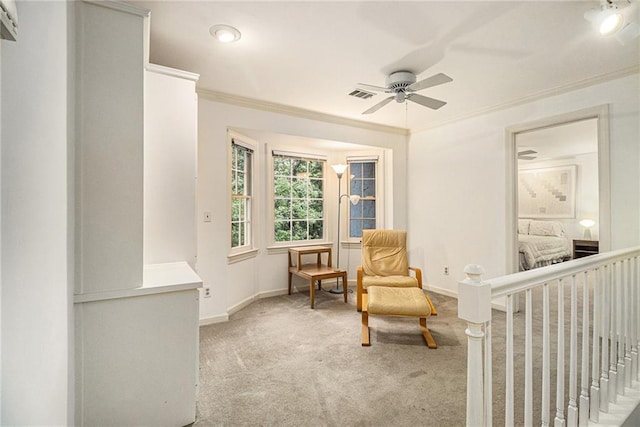 80 Stratford Pl NE, Atlanta, GA 30342 - living area featuring ornamental molding, ceiling fan, and light colored carpet