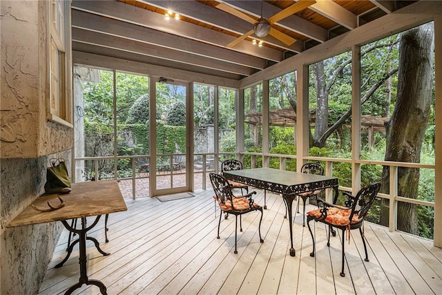 80 Stratford Pl NE, Atlanta, GA 30342 - sunroom / solarium with outdoor dining space, a ceiling fan, and beamed ceiling