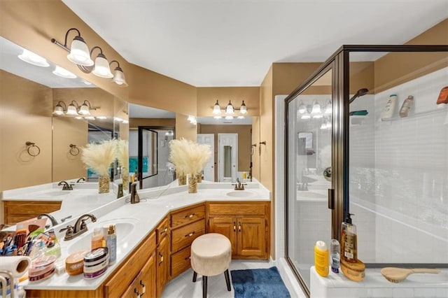 4817 Overland Dr, Powder Springs, GA 30127 - full bathroom with a stall shower, double vanity, and tile patterned flooring