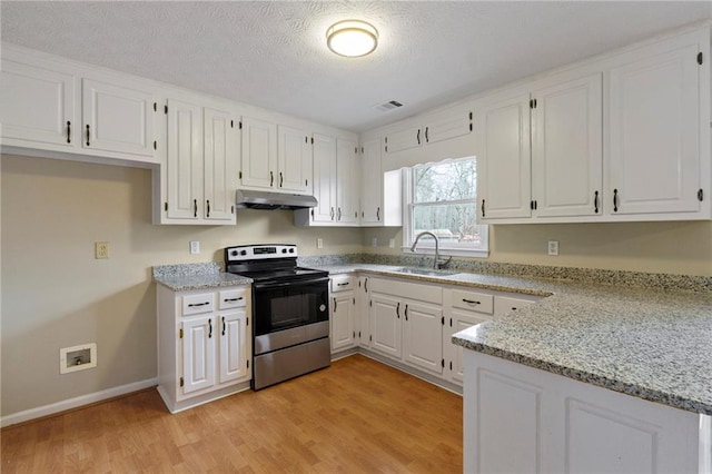 kitchen with sink, stainless steel electric range, white cabinetry, light stone countertops, and light hardwood / wood-style floors