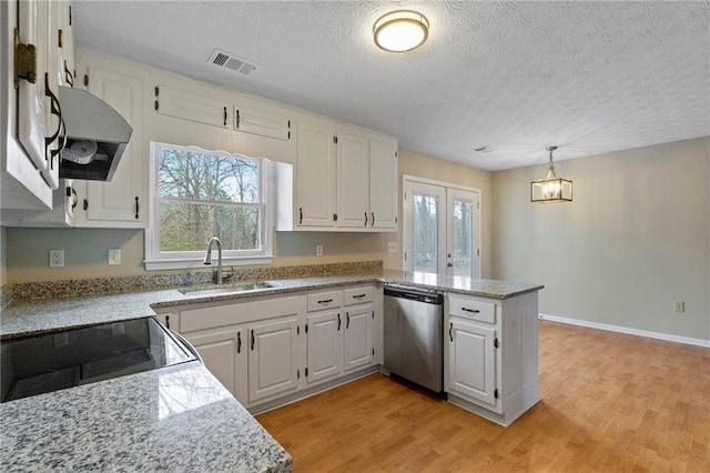 kitchen with sink, white cabinetry, electric range, decorative light fixtures, and stainless steel dishwasher