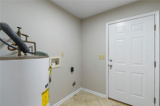 washroom featuring water heater, electric dryer hookup, washer hookup, and light tile patterned floors