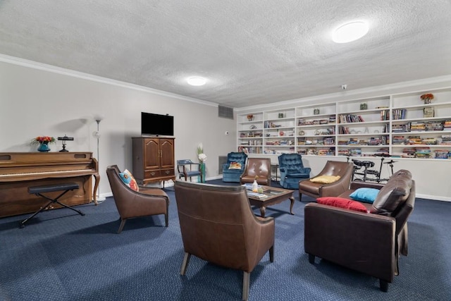 living room featuring a textured ceiling and built in features