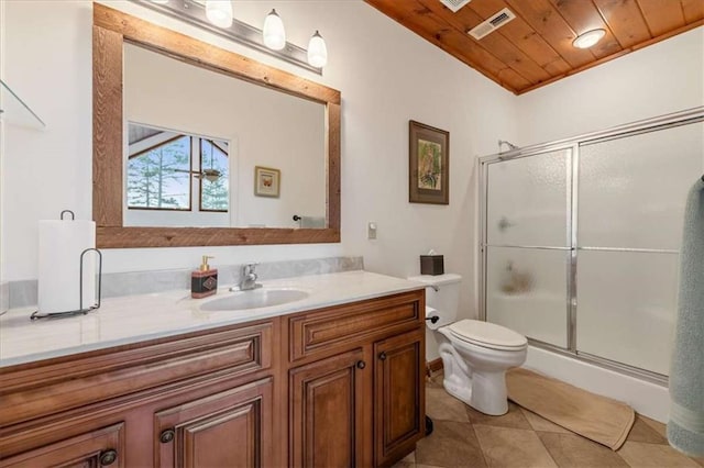 bathroom with vanity, tile patterned floors, a shower with door, and wooden ceiling