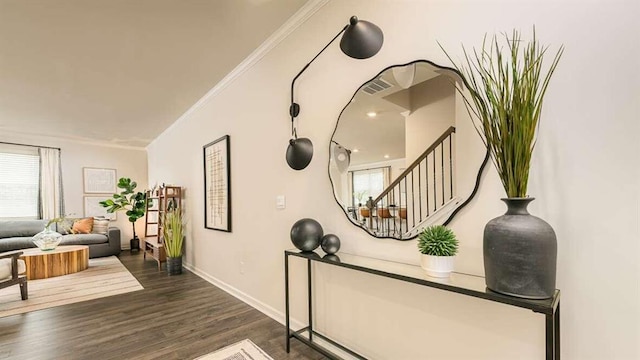 interior details featuring hardwood / wood-style flooring and crown molding