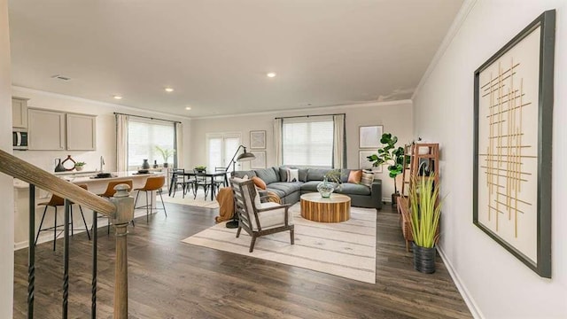 living room with dark hardwood / wood-style floors, sink, and crown molding