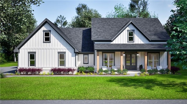 modern farmhouse style home with roof with shingles, a front lawn, board and batten siding, and french doors