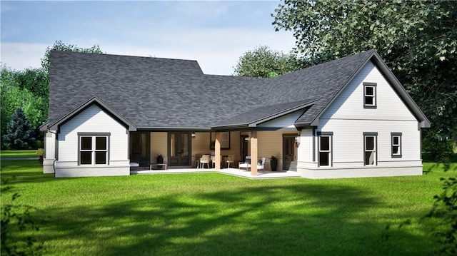 back of house featuring a yard, roof with shingles, and a patio