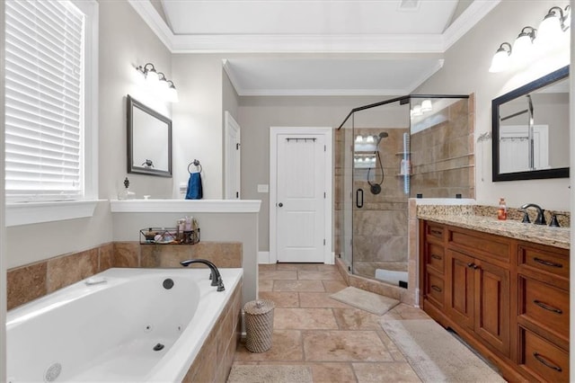 bathroom featuring crown molding, vanity, and plus walk in shower