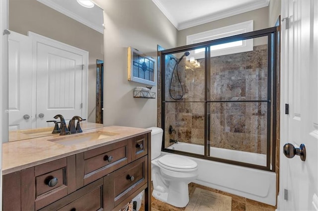 full bathroom with toilet, ornamental molding, bath / shower combo with glass door, and vanity