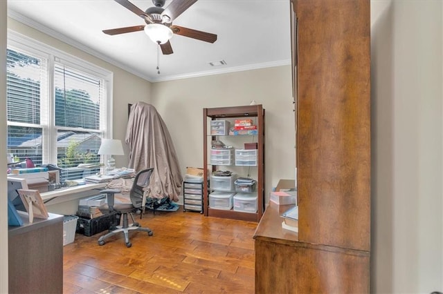 office space featuring ceiling fan, ornamental molding, and hardwood / wood-style floors