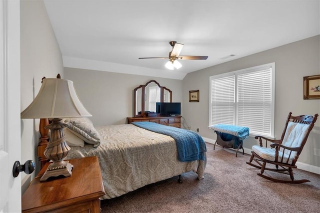 carpeted bedroom featuring ceiling fan and lofted ceiling