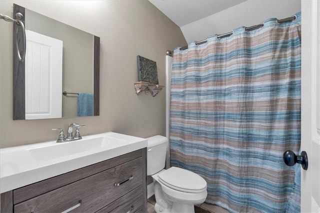 bathroom featuring vanity, toilet, and a shower with shower curtain