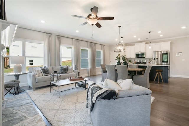 150 Azalea Xing, Dallas, GA 30132 - living room featuring baseboards, ornamental molding, recessed lighting, a ceiling fan, and wood finished floors