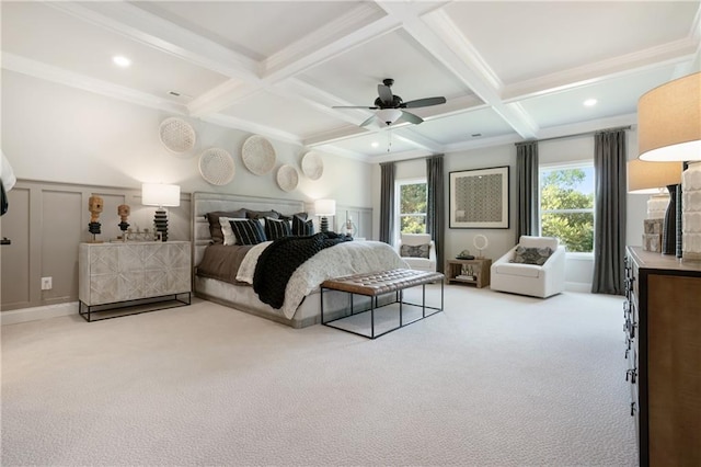 150 Azalea Xing, Dallas, GA 30132 - bedroom featuring light carpet, beam ceiling, coffered ceiling, ornamental molding, and recessed lighting