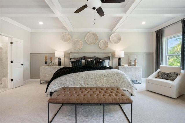 150 Azalea Xing, Dallas, GA 30132 - carpeted bedroom with coffered ceiling, beam ceiling, crown molding, and ceiling fan