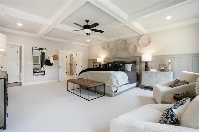150 Azalea Xing, Dallas, GA 30132 - carpeted bedroom featuring coffered ceiling, beam ceiling, recessed lighting, a ceiling fan, and crown molding