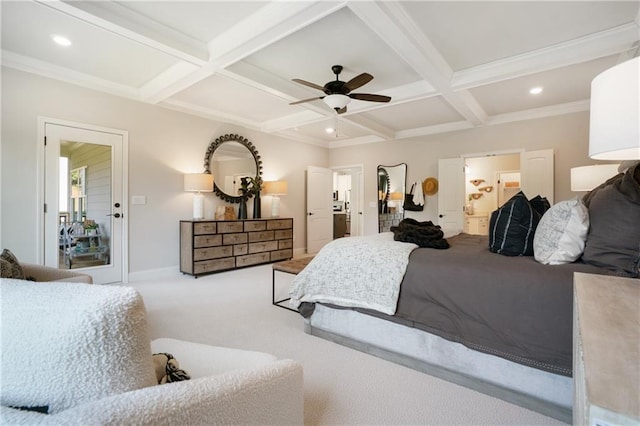 150 Azalea Xing, Dallas, GA 30132 - bedroom featuring coffered ceiling, beamed ceiling, carpet, recessed lighting, and a ceiling fan
