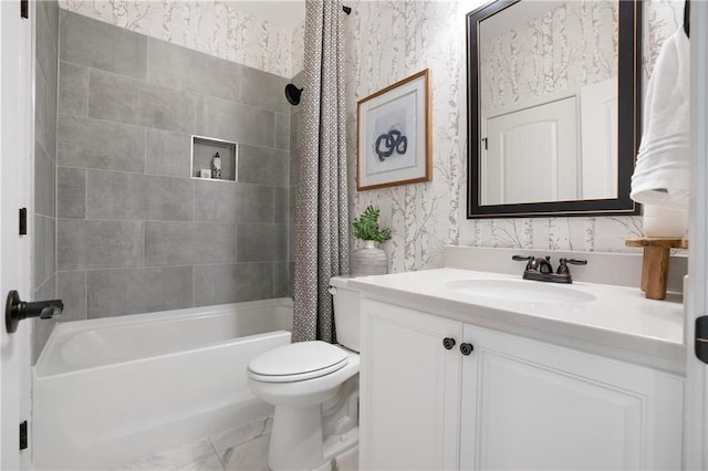 150 Azalea Xing, Dallas, GA 30132 - full bath featuring vanity, toilet, shower / bath combination with curtain, wallpapered walls, and marble look tile flooring