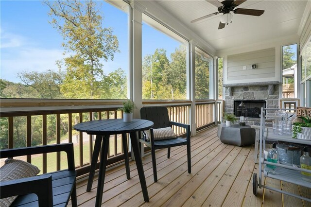 150 Azalea Xing, Dallas, GA 30132 - sunroom featuring ceiling fan and a fireplace