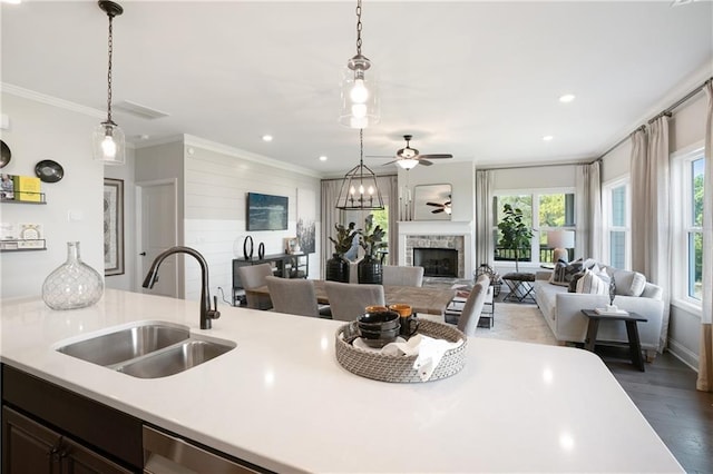 150 Azalea Xing, Dallas, GA 30132 - kitchen with a sink, light countertops, open floor plan, crown molding, and a fireplace