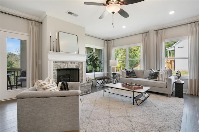 150 Azalea Xing, Dallas, GA 30132 - living room with ornamental molding, hardwood / wood-style flooring, ceiling fan, a fireplace, and recessed lighting