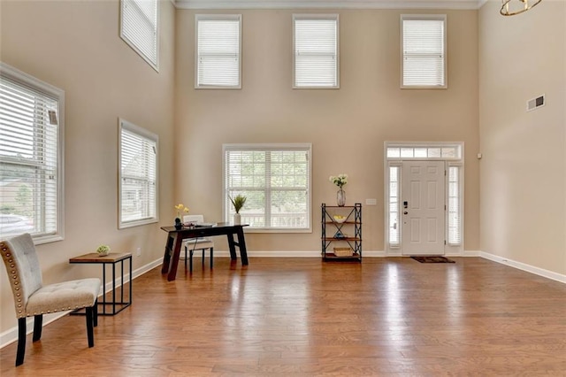 entrance foyer featuring wood-type flooring and a high ceiling