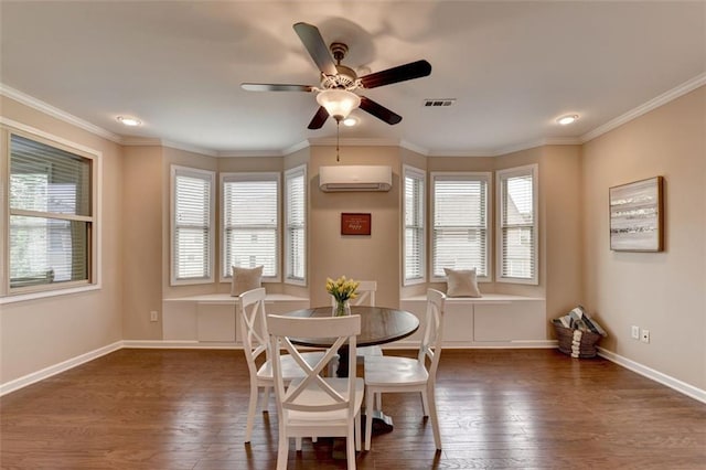 dining area with dark hardwood / wood-style flooring, a wealth of natural light, and an AC wall unit