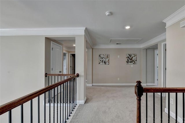 corridor with ornamental molding and light colored carpet