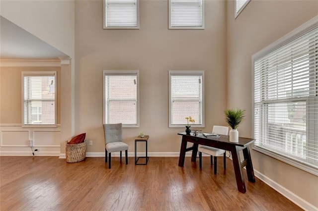 office space with hardwood / wood-style flooring, ornamental molding, and a high ceiling