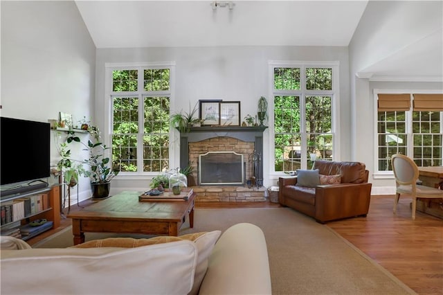 living room with vaulted ceiling, a stone fireplace, and wood-type flooring